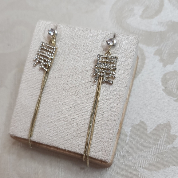 Elegant Art Deco Rhinestone Tassel Earrings Gold Tone Long Dangle Statement - Picture 3 of 8